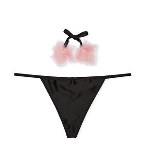 VICTORIA'S SECRET DREAM ANGELS SATIN POM POM V-STRING THONG PANTY XL BLACK NWT